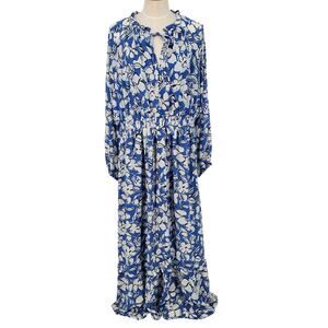 Wonderly Long Sleeve Tiered Maxi Dress Blue and White‎ Women's XXL New